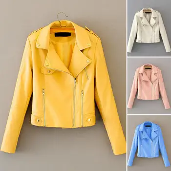 Байкерская куртка с лацканами, Женская куртка, осень-зима, однотонная мотоциклетная куртка из искусственной кожи, пальто