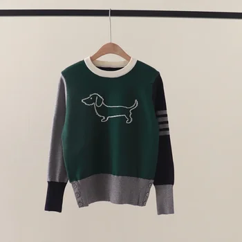 Осенне-зимний новый жаккардовый свитер в полоску TB Color Blocked Dog с четырьмя полосками, круглый вырез, длинный рукав, вязаный свитер снизу
