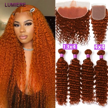 Пучки оранжево-имбирного цвета с застежкой 5x5 HD Пучки глубокой волны с фронтальным переплетением перуанских волос, пучок с застежкой Lumiere